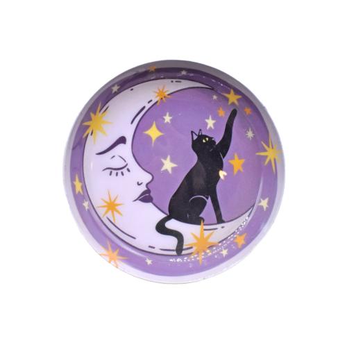 Trinket Dish / Tray Metal Cat and Moon 9.5cm diameter