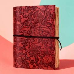 Notebook Leather Bound Floral Red 13 x 18cm