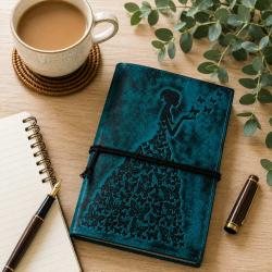 Notebook Leather Bound Butterfly Dress Sea-Blue 13 x 18cm