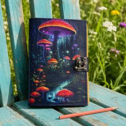 Notebook with Clasp Leather Bound Toadstools 13 x 18cm