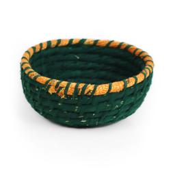 Round basket, recycled sari material and kaisa grass green 15x7cm
