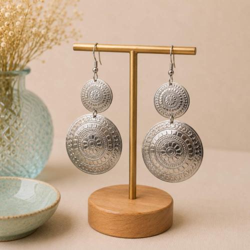 Earrings silver colour, 2 patterned circles