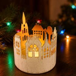 T-lite Candle Holder Whitewashed Metal Village Scene 10 x 11cm
