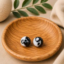Ear studs, glass beads black and white, round 1cm diameter