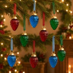 Box of 9 Glass Tree Decorations Strawberry Pink Blue Green