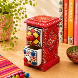 Mini Chest Mango Wood Red 2 Ceramic Drawers Vertical 10x10x17cm
