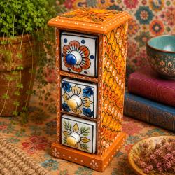 Mini Chest Mango Wood Orange 3 Ceramic Drawers Vertical 10x10x25cm