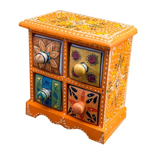 Mini Chest Mango Wood Orange 4 Ceramic Drawers 17x10x17cm
