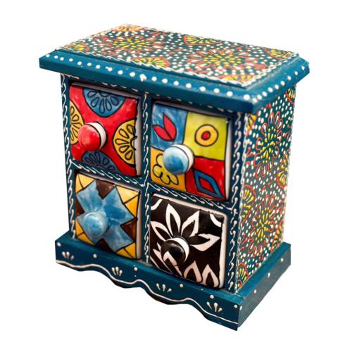 Mini Chest Mango Wood Blue 4 Ceramic Drawers 17x10x17cm