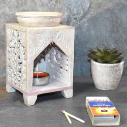 Oil burner holder carved soapstone, leaf design rectangular 8.5x8.5x14cm