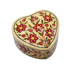 Heart Shaped Trinket Box, red floral design, papier mâché, 8cm