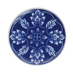 Single round ceramic coaster blue floral leaves