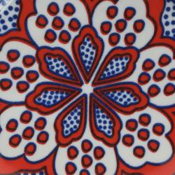 Single round ceramic coaster floral red on blue
