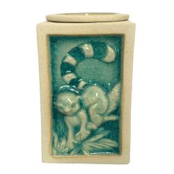 Oilburner, rectangular with lemur design, blue glaze 7.5x7.5x11.7cm