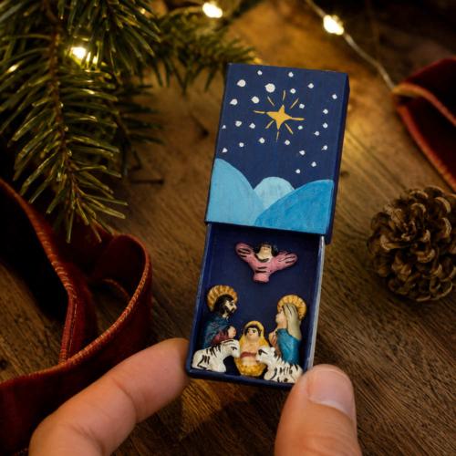 Mini Traditional Ceramic Matchbox Nativity Blue
