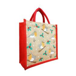 Jute shopper or Christmas gift bag, robins design 25x25cm