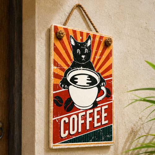 Plaque Albesia Wood Coffee Black Cat 10 x 13cm