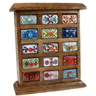 Wooden mini chest, 15 ceramic drawers