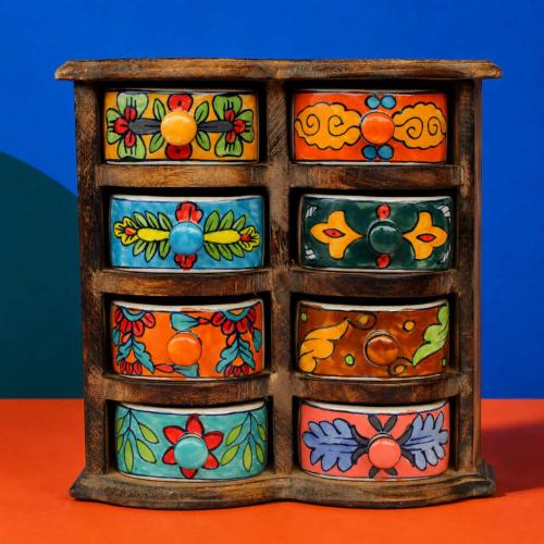 Mini Chest Mango Wood 8 Ceramic Drawers 23x9x24cm