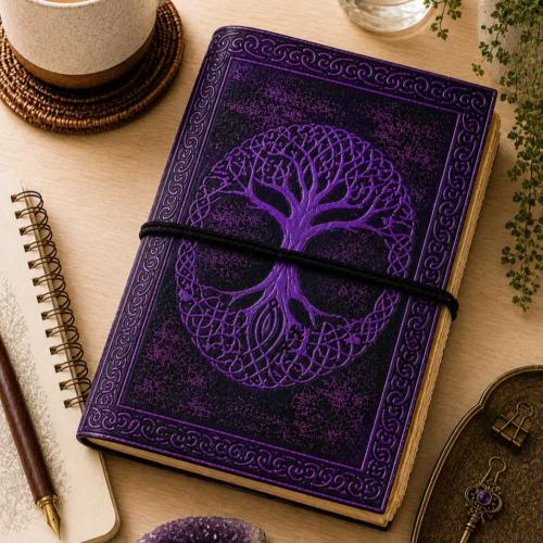 Notebook Leather Bound Tree of Life Purple 13 x 18cm