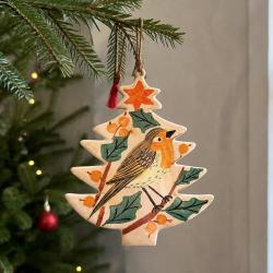 Hanging Tree Shape Decoration Papier Mâché Robin Design 10cm