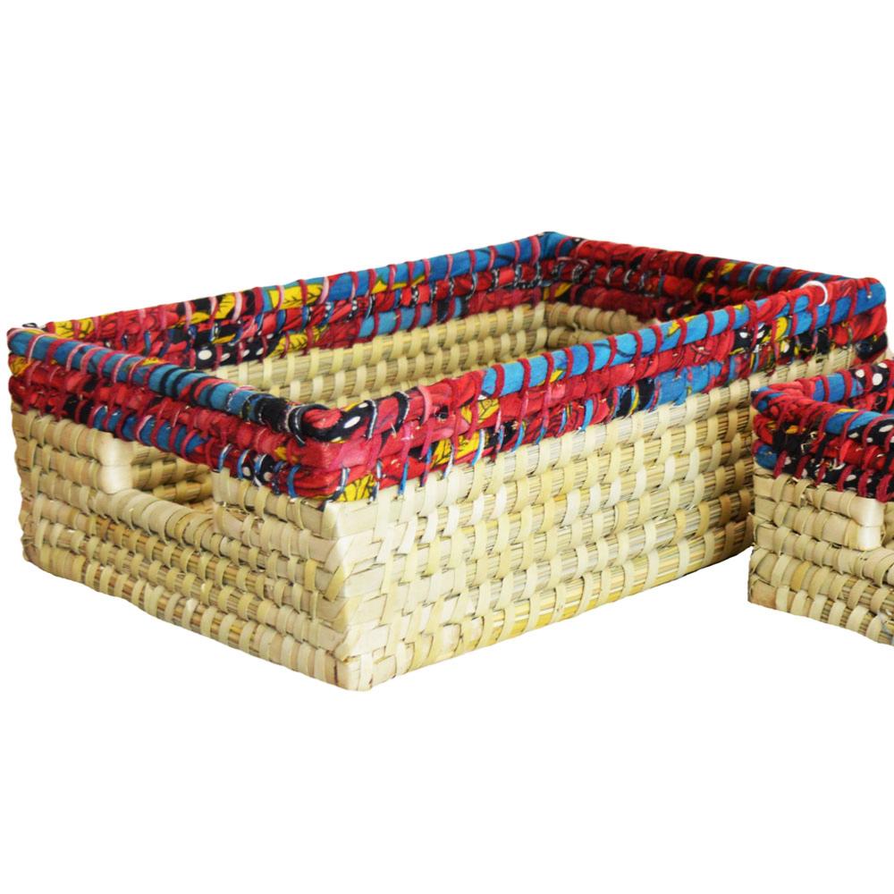 Set of 2 rectangular grass baskets, natural + multicoloured
