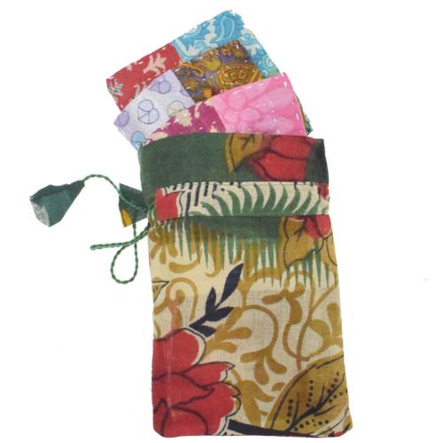 Set of 4 coasters in bag, recycled sari material kantha stitch assorted ...