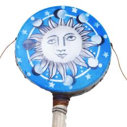 Hand Rattle Wooden Sun Face on Blue