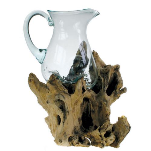 Shaped jug on wood, recycled glass approx 32-35cm