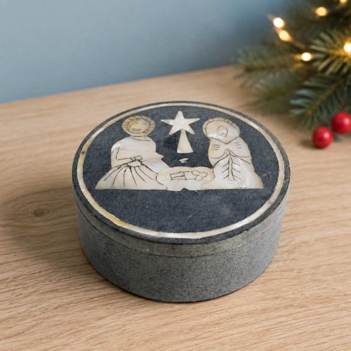 Trinket Box Soapstone Inlaid Nativity Scene 8 x 3.5cm