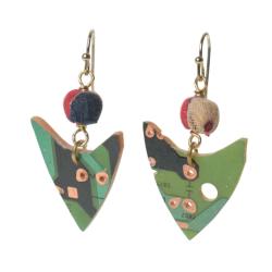 Earrings, recycled circuit board arrowhead with cloth bead