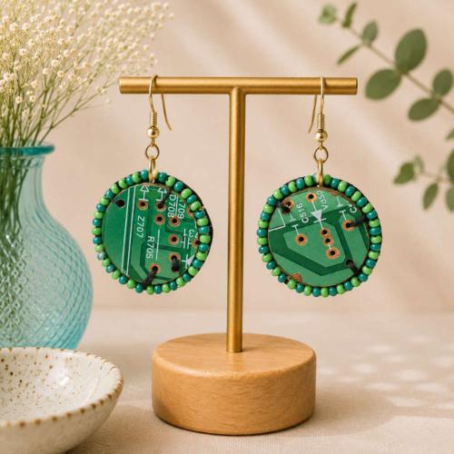 Earrings, recycled circuit board circle edged with glass beads