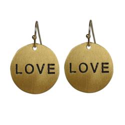 Earrings, Brass round drop engraved with `LOVE’ 2cm diameter