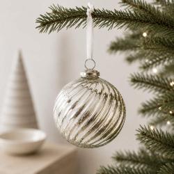 Glass Bauble Round Swirly Pattern 10cm Silver Colour