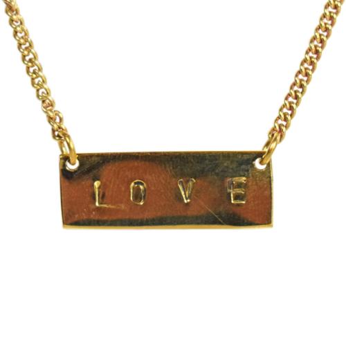 Necklace, Brass with stamped plaque Love