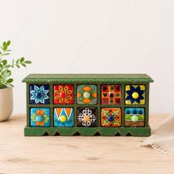 Mini Chest Mango Wood 10 Ceramic Drawers 42 x 10 x 17cm