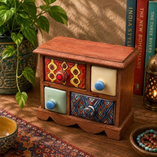 Mini Chest Mango Wood 4 Ceramic Drawers 20.5x10x17cm