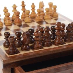 Small wooden chess set sheesham wood with pullout drawer 16x16x3.5cm