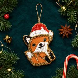 Hanging Christmas Decoration Fox With Santa Hat Beaded 