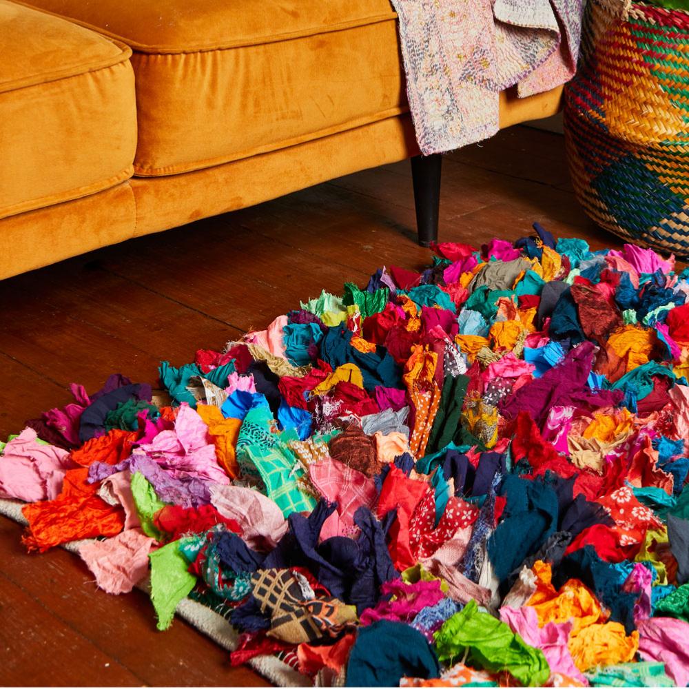 Rag rug, recycled sari, bright multi coloured 60x90cm