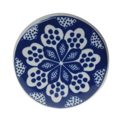Single round ceramic coaster blue floral 7 white flowers