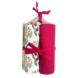 2 Christmas Tea Towels + Wood Serving Board Recycled Cotton
