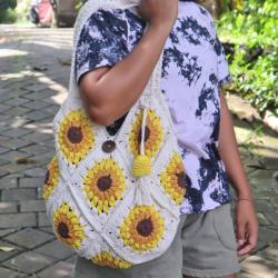 Shoulder / Tote Bag Crochet Yellow Brown Flowers 34 x 60cm