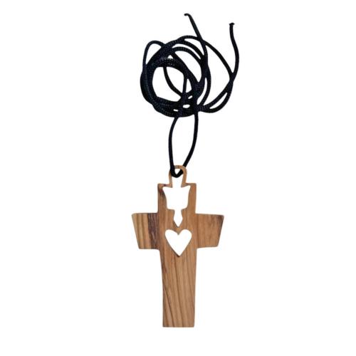 Pendant Olive Wood Dove and Heart in Cross 4 x 7cm