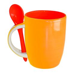 Orange and Red hand-painted mug and spoon, 10 x 8 cm