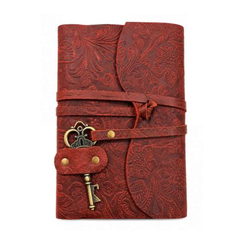 Notebook with Key Leather Floral Embossed Maroon 13 x 18cm