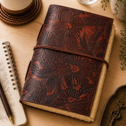 Notebook Leather Bound Flowers Brown 13 x 18cm