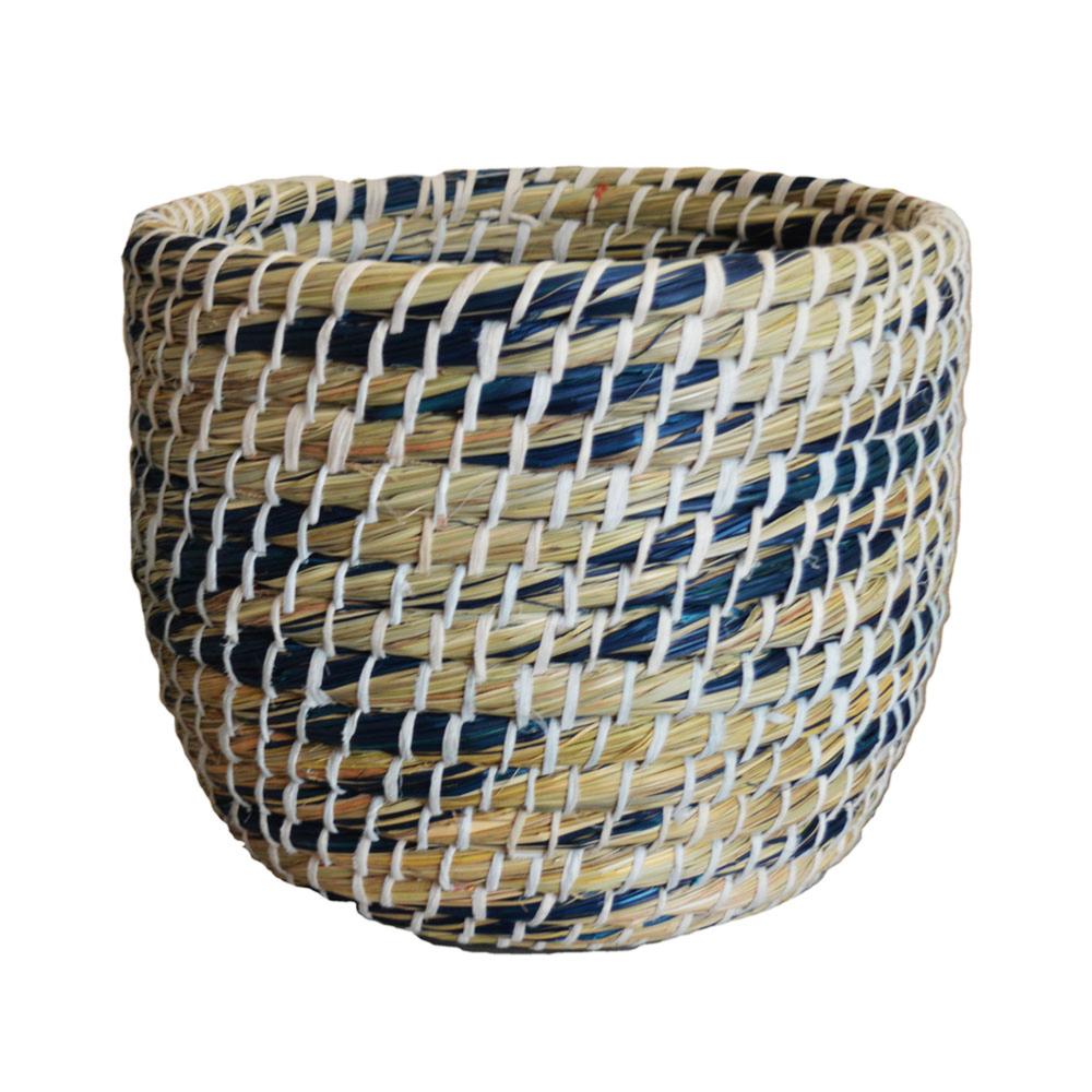 Set of 2 round grass baskets, natural + blue