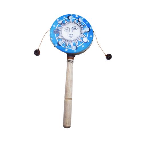 Hand Rattle Wooden Sun Face on Blue