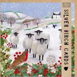 Greetings Card, Sheep and Robin, 15x15cm